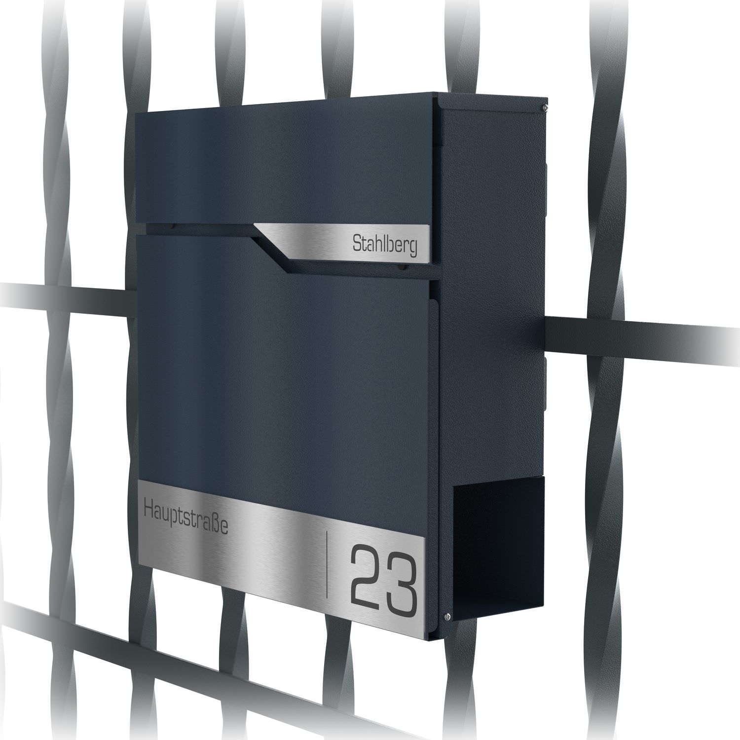 Aurora letterbox in anthracite RAL 7016 with fence mount - laser engraving - with lock Newspaper compartment Newspaper roll