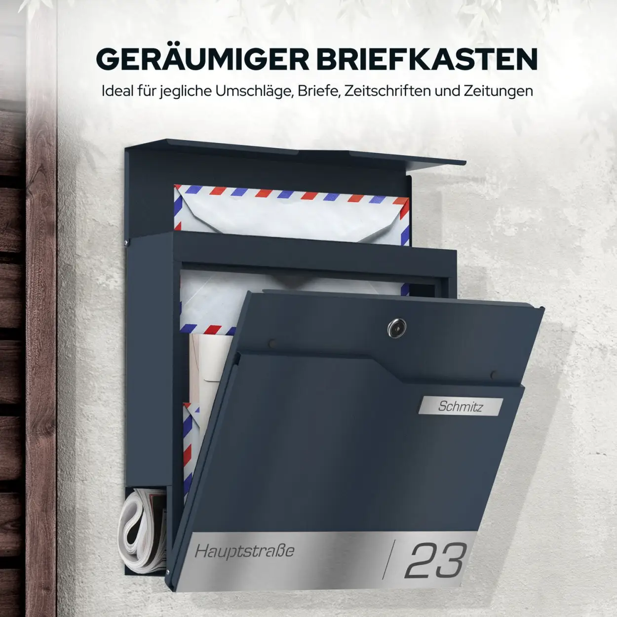 Anthrazitfarbener Briefkasten Funk mit Zeitungsfach und Edelstahl-Schild, wetterfest Lasergravur