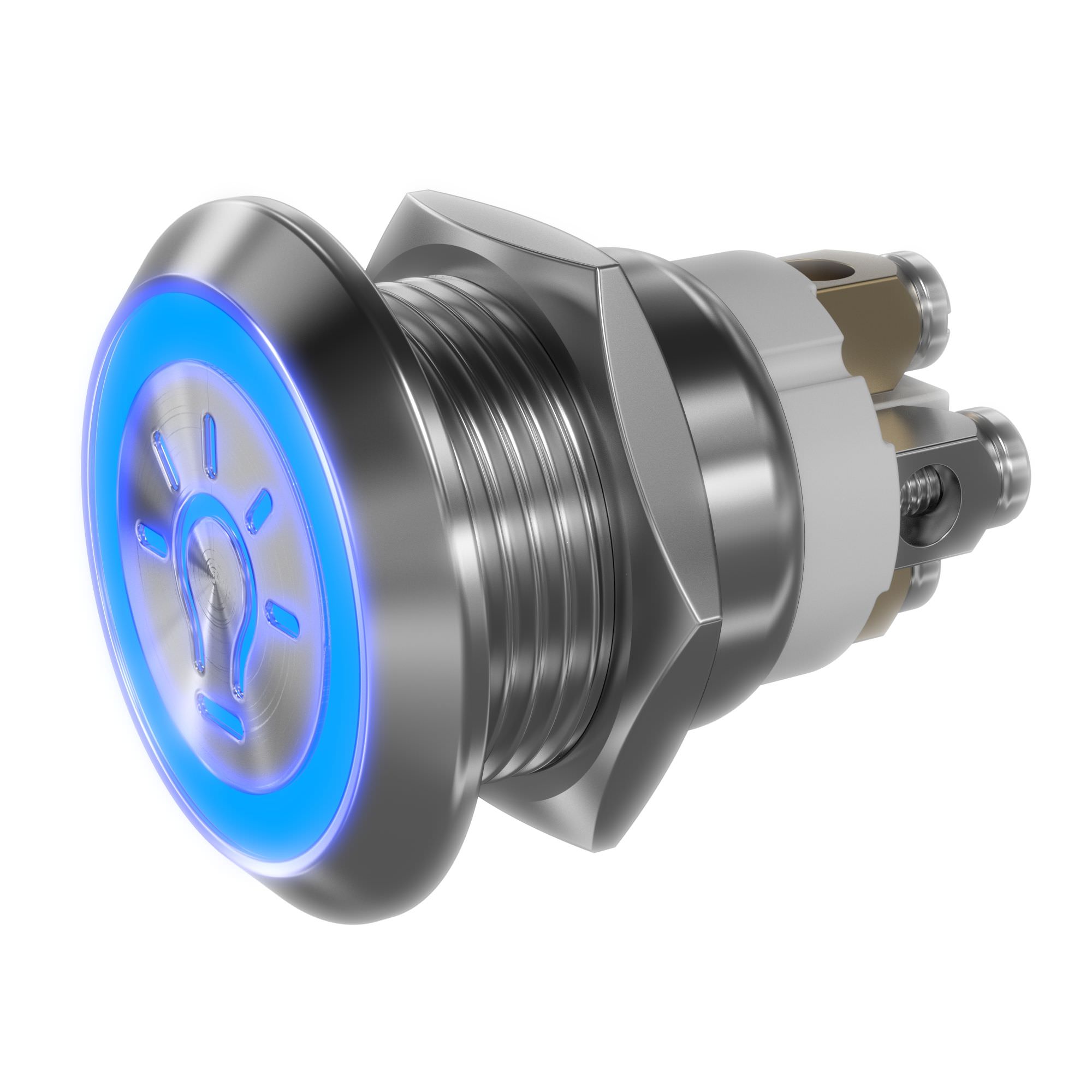 LED light symbol blue 19mm stainless steel push button 30x22x25mm - screw contacts - momentary action