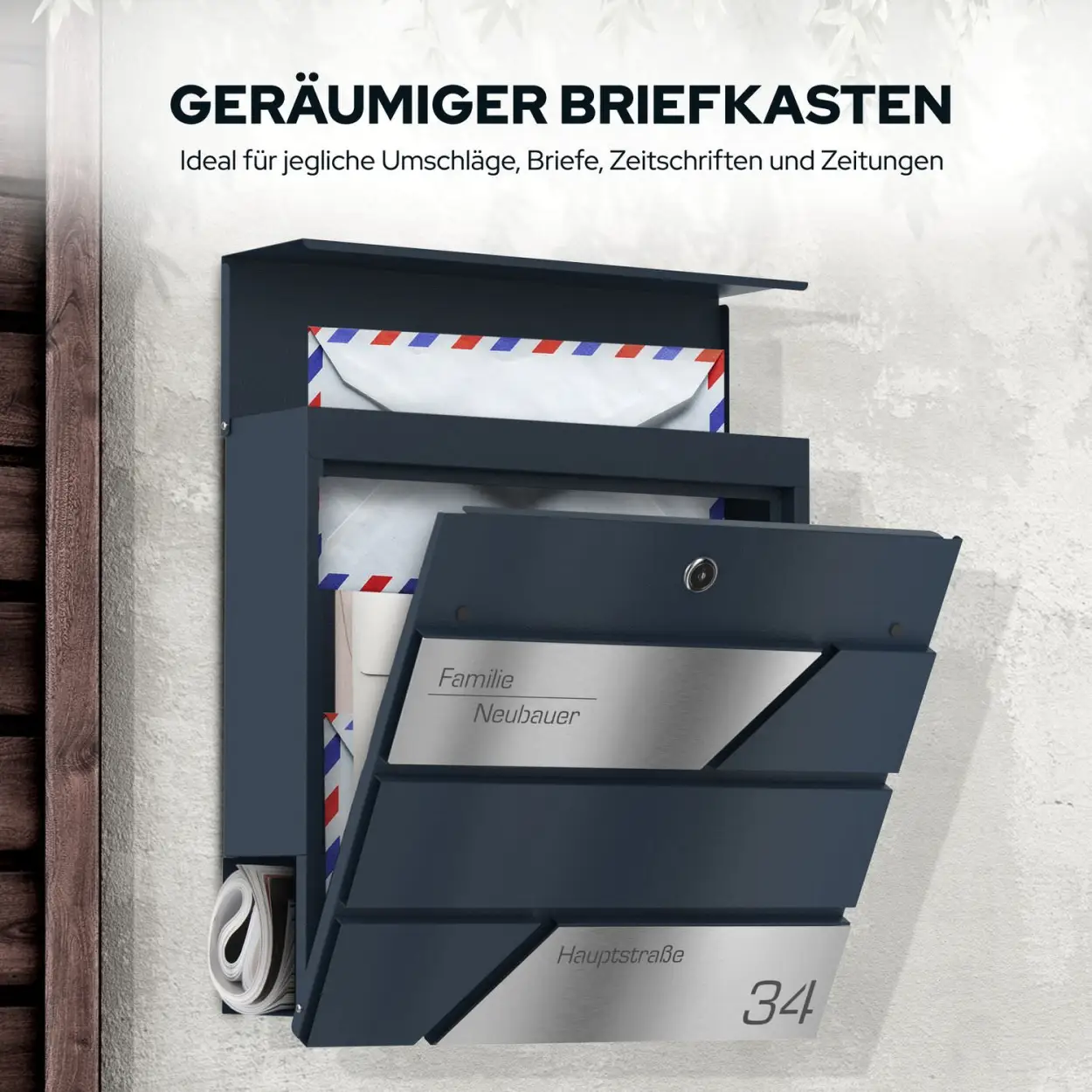 Personalisierbarer Briefkasten Funk mit Namensgravur und Zeitungsrolle aus verzinktem Stahl Lasergravur