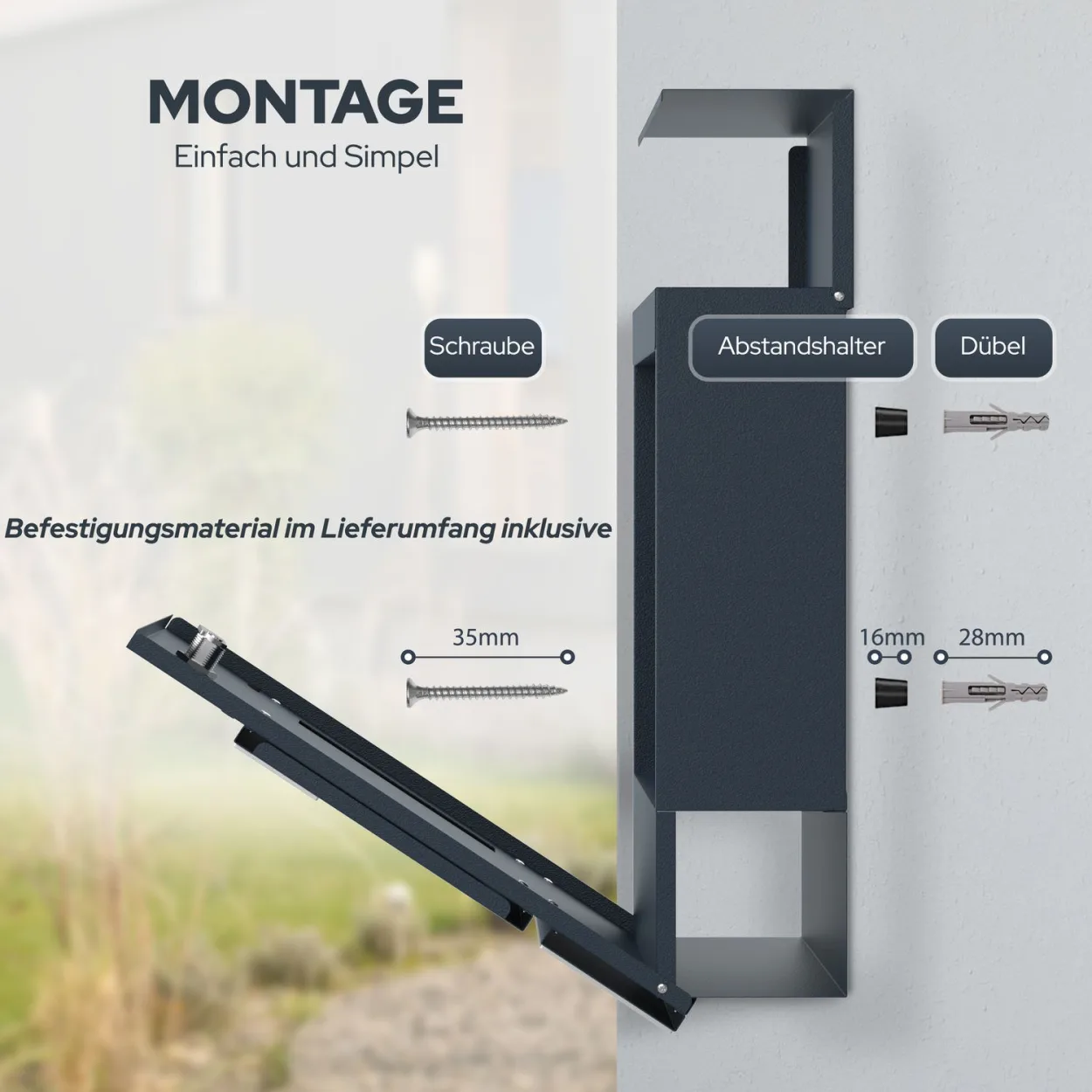 Briefkasten Funk in Anthrazit mit Edelstahl Schild und Montagematerial: Schrauben, Abstandshalter und Dübel