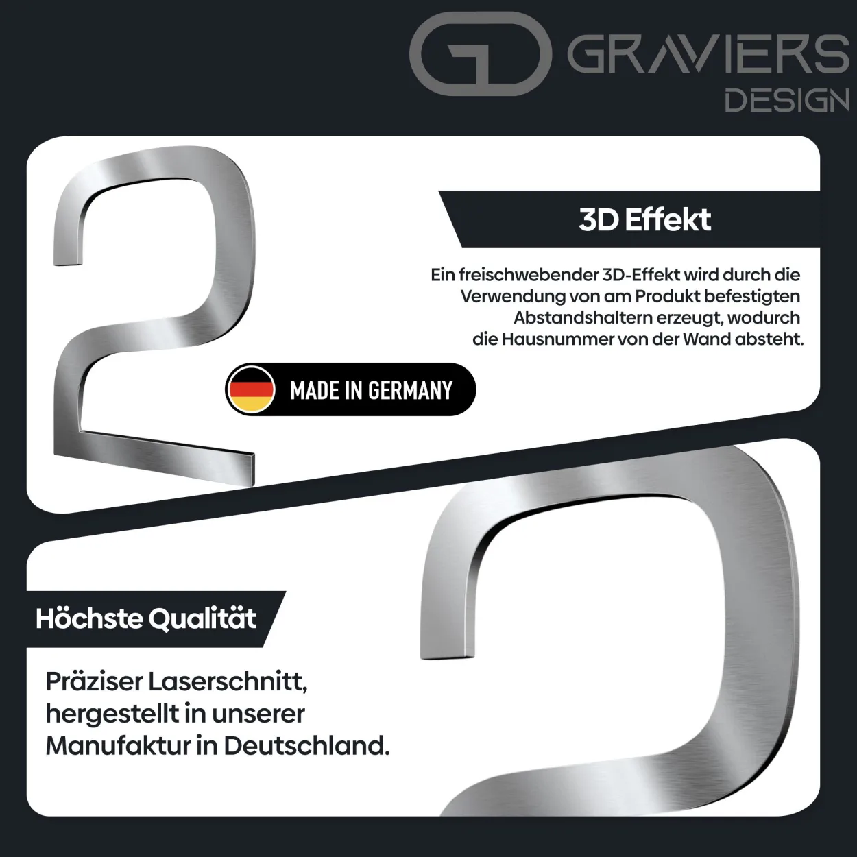 Rostfreie Edelstahl-Hausnummer 2 mit 3D-Effekt, pflegeleicht und langlebig, wetterfest und modern - 22 cm hoch
