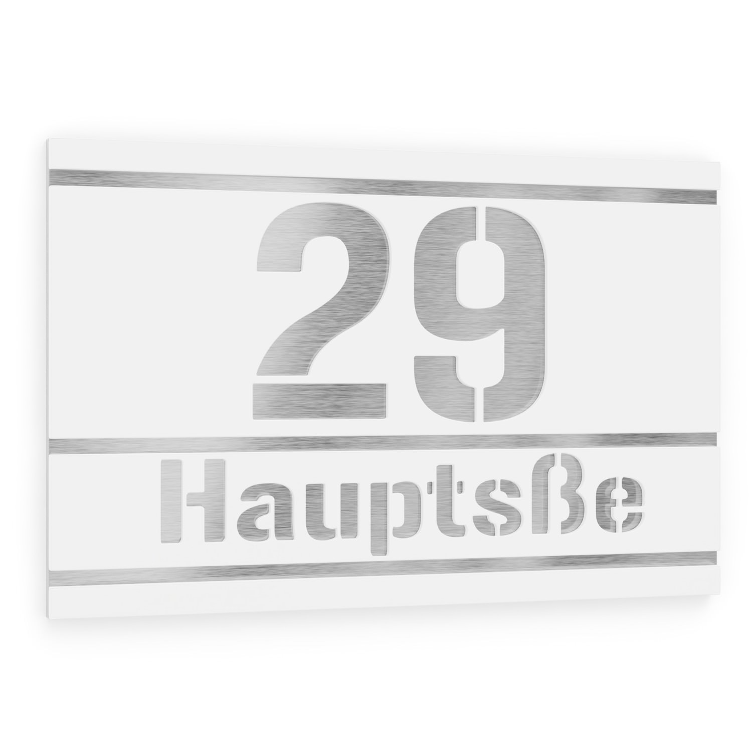 House number and street name in stainless steel / acrylic glass white rectangular