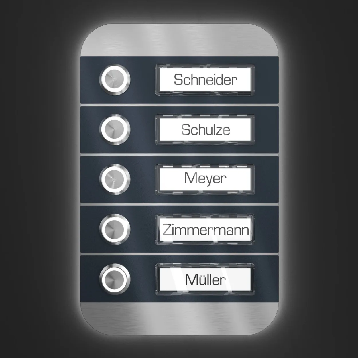 Lasergravierte Türklingelplatte beleuchtet für 5 Parteien mit wetterfesten LED-Klingeltastern