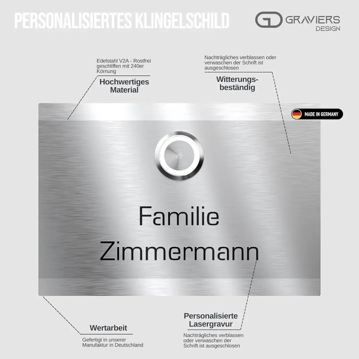 Elegantes Haustür-Klingelschild, Familie Zimmermann, witterungsbeständig